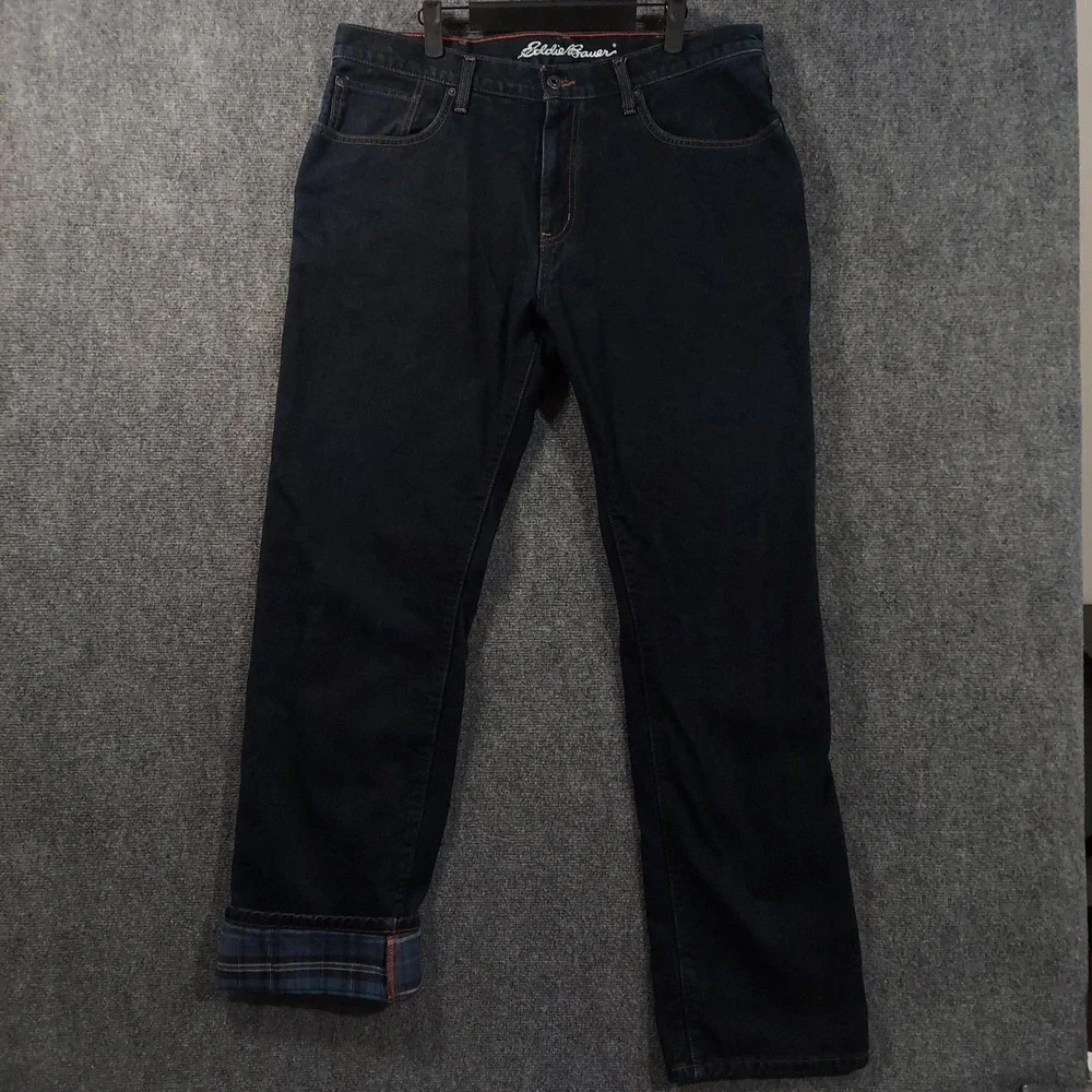 Eddie Bauer Relaxed Fit Jeans Mens 38x36 Blue Dark Flannel Lined Denim Pants